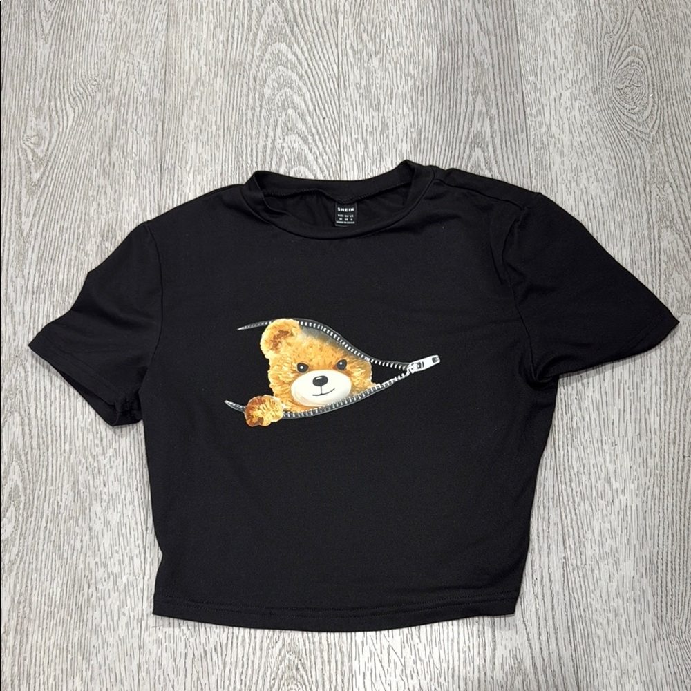 SHEIN Black Tee with Teddy Bear Design
